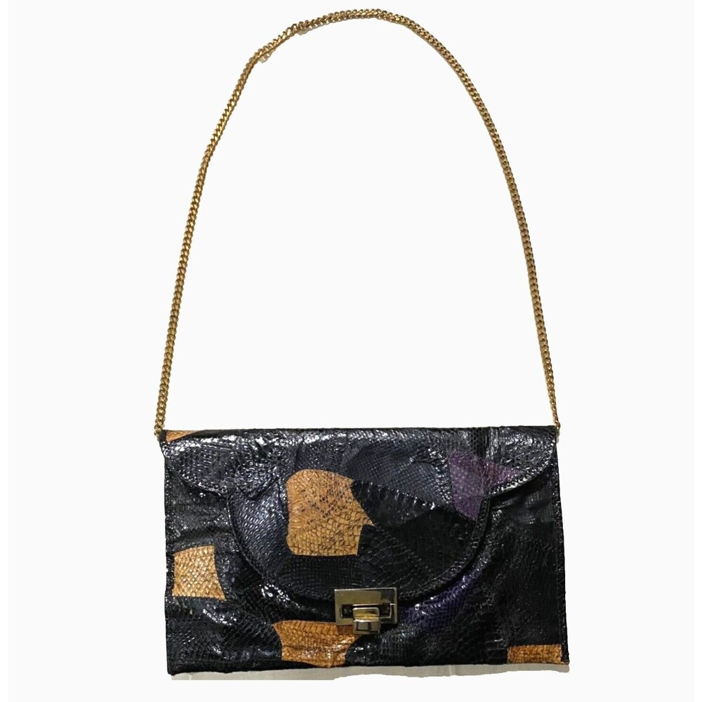 Python Snakeskin Envelope Shoulder Bag Black Brown Gold Chain Vintage Handbag